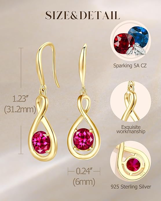 FANCIME Dangle Drop Earrings 925 Sterling Silver Dainty Infinity Round Gemstone Birthstone Jewelry Birthday Gifts for Her Women