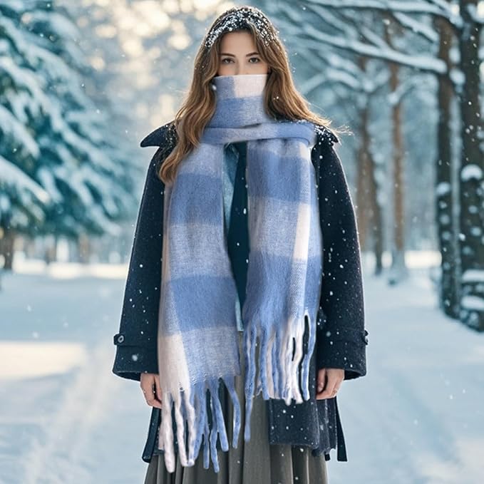 SHOHOKU Large Chunky Plaid Scarf Coloured Checked Oversized Scarf Tassel Soft Fall Winter Thick Warm Shawl Women