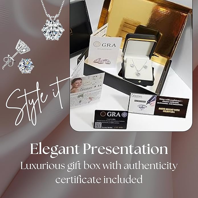 925 Sterling Silver Moissanite Jewelry Set - Classic European Design Necklace Earrings Set with Round Cut Moissanite Pendant - Adjustable Chain - Gift Box
