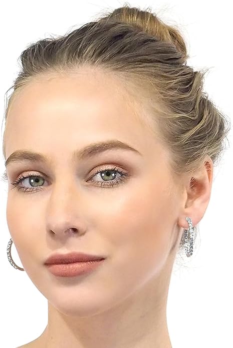 Hoop Earrings with 40 Colored Gemstones, Birthstone Earrings, 925 Sterling Silver Rhodium Plated, Push Back Closure, 1.18'