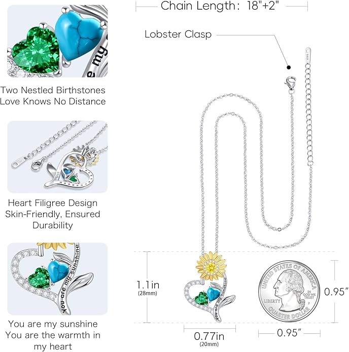 PERJI Valentine's Day Gifts for Women - 925 Sterling Silver Double Birthstone Sunflower Necklace, Anniversary Birthday Jewelry You are My Sunshine Gifts for Wife Couple Girlfriend 18"+2" Non Tarnish