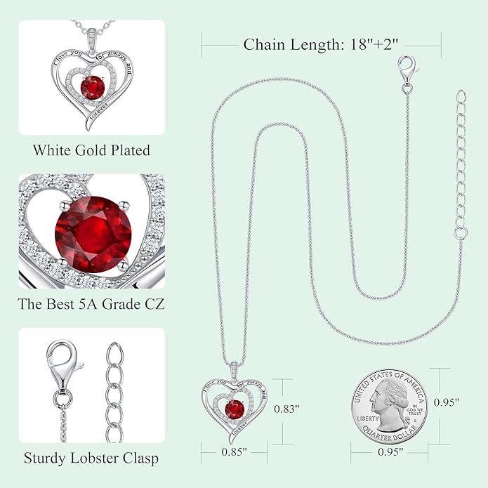 S925 Sterling Silver Necklace for Women, Christams Gift for Women, Love Heart Birthstone Necklaces for Women, Wife Jewelry, Mom Birthday Valentines Mothers Day Gifts, Girlfriend Necklaces, Daughter Heart Jewel, Anniversary for Her