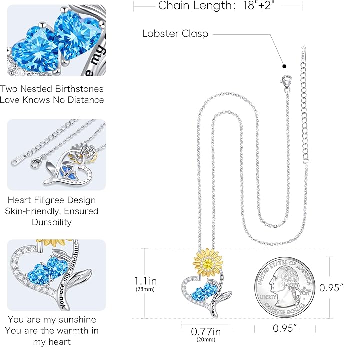 PERJI Valentine's Day Gifts for Women - 925 Sterling Silver Double Birthstone Sunflower Necklace, Anniversary Birthday Jewelry You are My Sunshine Gifts for Wife Couple Girlfriend 18"+2" Non Tarnish