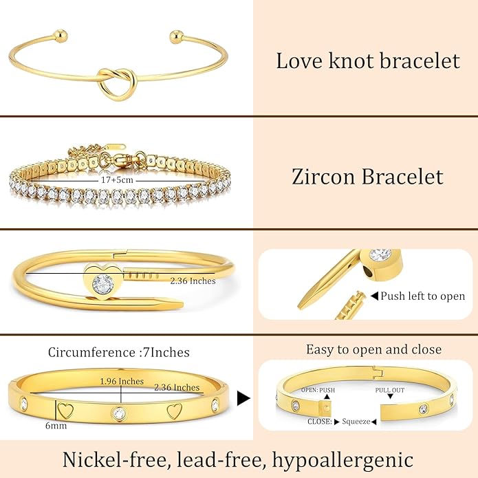 FAFUGA 18 K Gold Plated Love Bangle Bracelet Stack Cuff Jewelry for Women Jewelry Set for Women Gift with Box