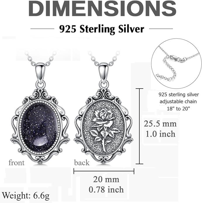 PELOVNY Rose Necklace 925 Sterling Silver Moonstone Turquoise Obsidian Necklace Victorian Cameo Rose Vintage Western Jewelry Christmas Valentines Day Gifts for Women