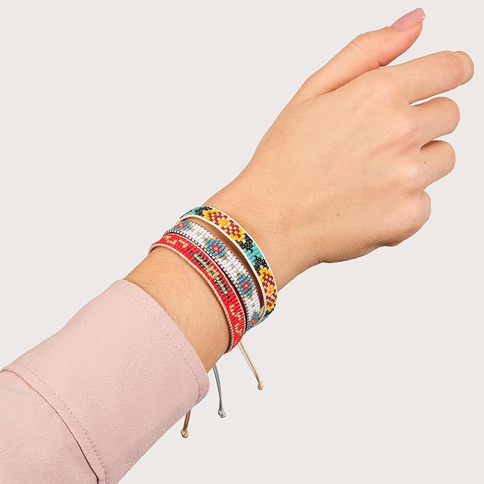 Handmade Beaded Bracelet ā Adjustable Boho Friendship Wristband ā Tribal Artisan Style in Red, White, and Multicolor Designs ā 3 Unique Patterns