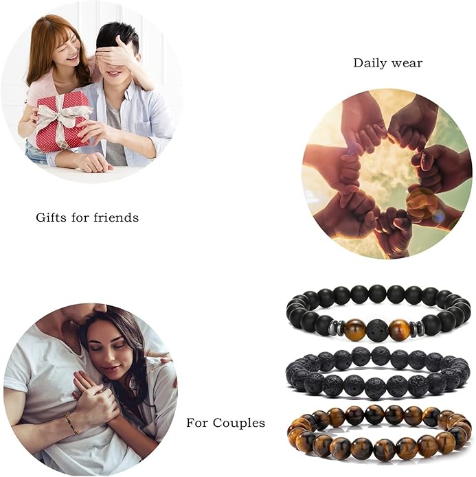 MengPa Mens Beaded Bracelets Couples Matching Bracelet Set Lava Rock Beads for Women Stone Jewelry