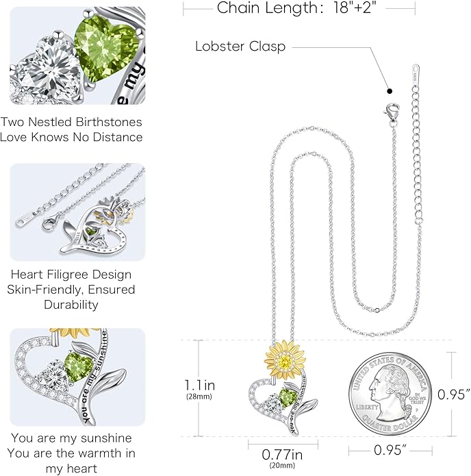 PERJI Valentine's Day Gifts for Women - 925 Sterling Silver Double Birthstone Sunflower Necklace, Anniversary Birthday Jewelry You are My Sunshine Gifts for Wife Couple Girlfriend 18"+2" Non Tarnish