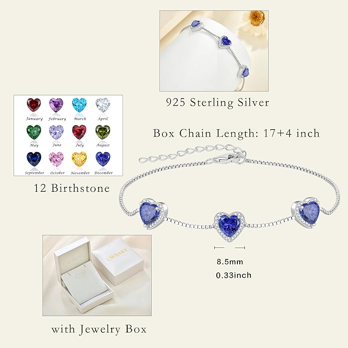 Love Heart Bracelet 925 Sterling Silver Halo Heart Birthstone Bracelet Jewelry Gifts for Women