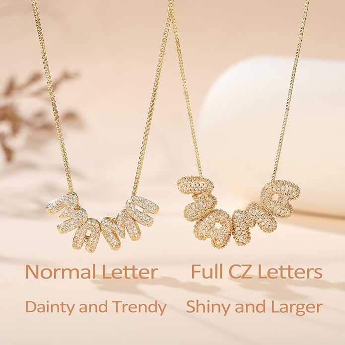 Custom Diamond Bubble 3D Letter Necklace Puffy Personalized Initial Charm with Zircon,18K Gold Plated Dainty Balloon Name Necklace for Women, Handmade Jewelry Gift for Her,Mother's Day