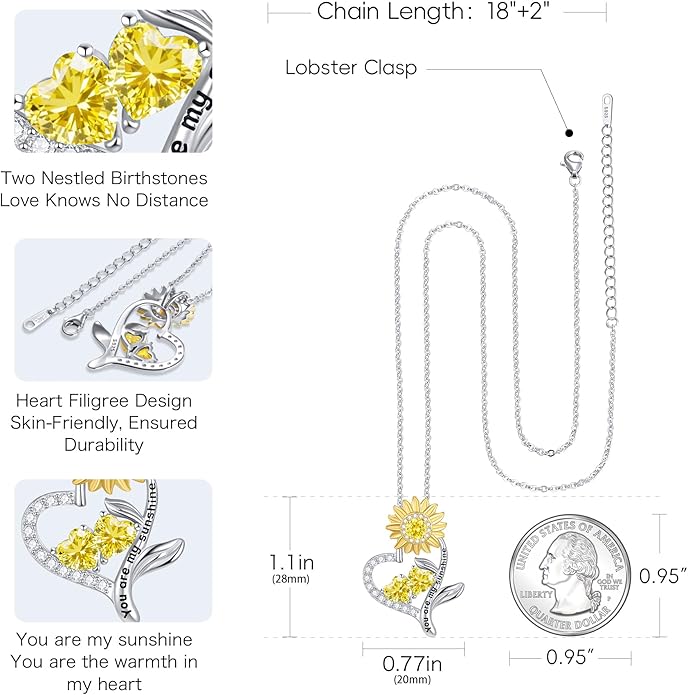 PERJI Valentine's Day Gifts for Women - 925 Sterling Silver Double Birthstone Sunflower Necklace, Anniversary Birthday Jewelry You are My Sunshine Gifts for Wife Couple Girlfriend 18"+2" Non Tarnish