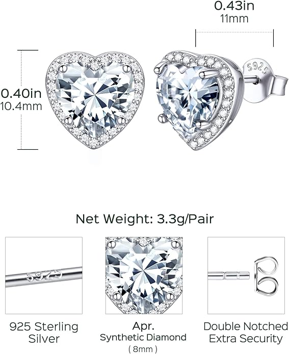 ChicSilver 925 Sterling Silver Birthstone Earrings for Women, 8MM/2 Carat Heart & Round Cubic Zirconia Stud Earrings, Hypoallergenic Jewelry, Ideal Birthday or Christmas Gifts