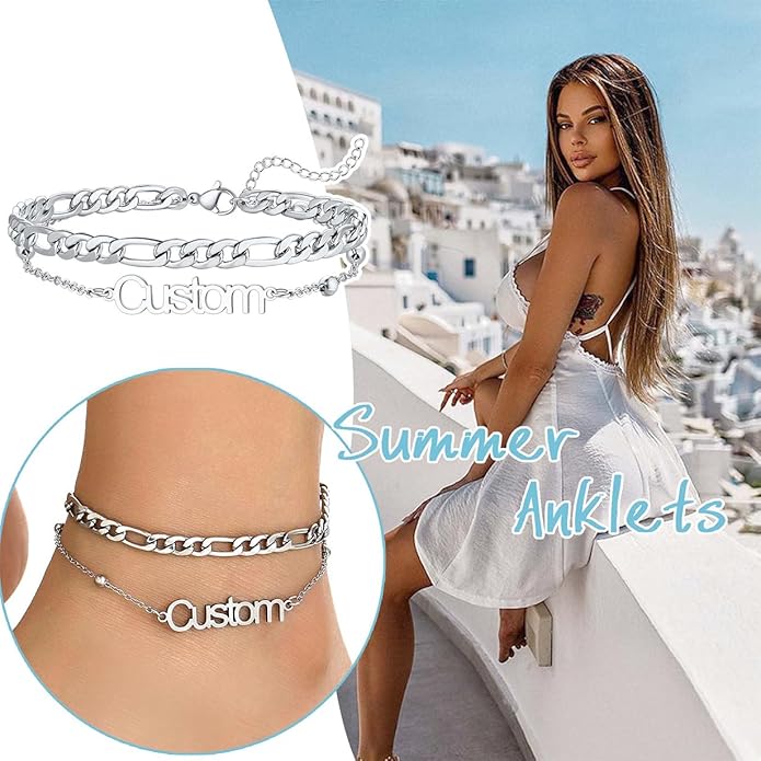 U7 Custom Layered Ankle Bracelets for Women Stainless Steel Bead/Cuban/Figaro/Rope/Wheat Chain Anklet Waterproof Anklet Jewelry for Beach Vacation