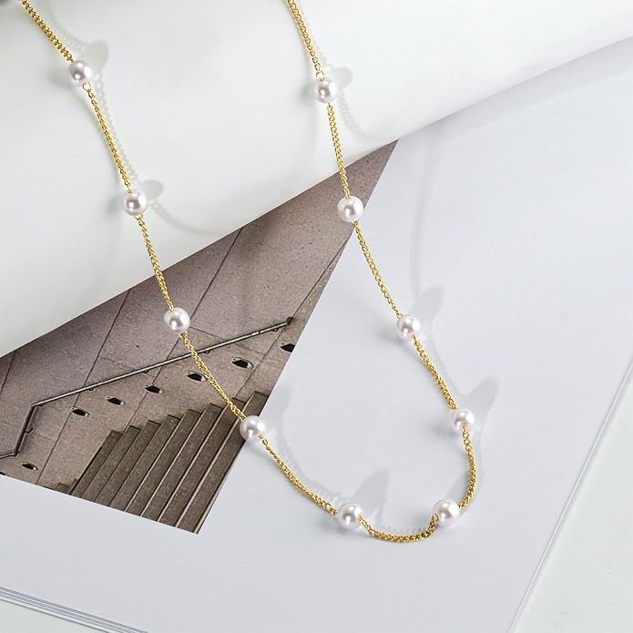 Gold Pearl Necklace for Women, 14K Gold Plated Layered Pearl Necklaces for Women Trendy Simple Herringbone Chain Pearl Necklace for Women Gold Jewelry Gifts