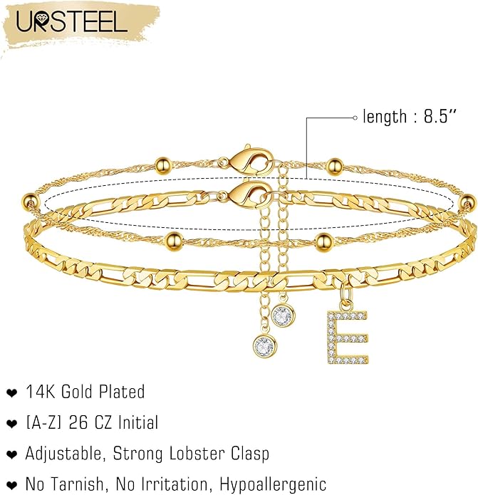Ursteel Ankle Bracelets for Women, 14K Gold Plated Dainty Layered Chain CZ Initial Anklets Summer Jewelry Gifts for Women