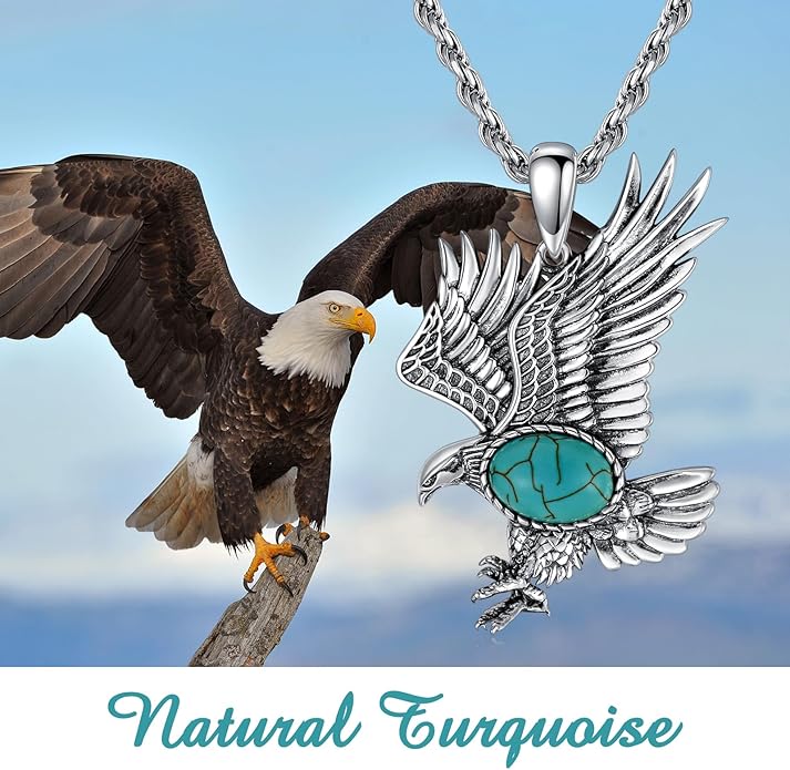 BETHZA Eagle Necklace for Men 925 Sterling Silver Real Gemstone Vintage Hawk Pendant Western Viking Animal Jewelry Gifts for Father