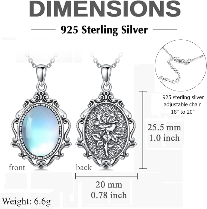 PELOVNY Rose Necklace 925 Sterling Silver Moonstone Turquoise Obsidian Necklace Victorian Cameo Rose Vintage Western Jewelry Christmas Valentines Day Gifts for Women