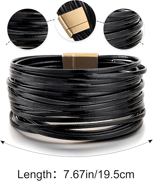 Edoneery Leather Wrap Bracelet for Women, Boho Handmade Multi-Layer Cuff with Crystal Beads Heart, Stackable Bangle Western Jewelry Gift