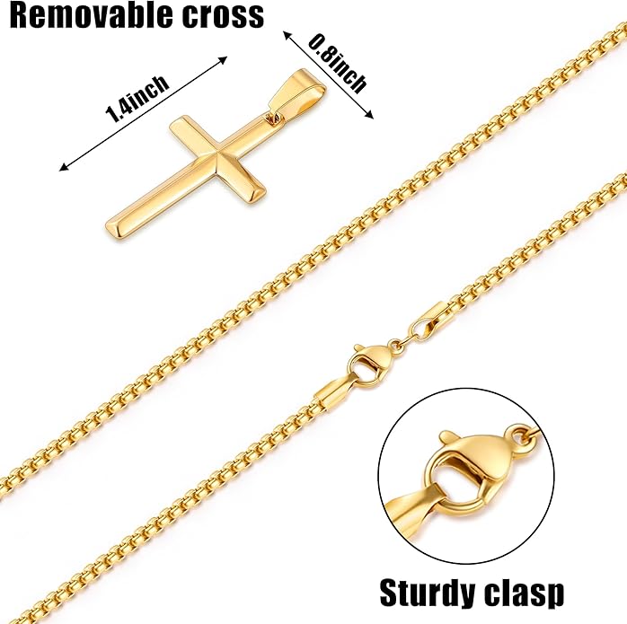Fiusem Beveled Edge Cross Necklace for Men, Silver Tone/Black/14K Gold Plated Mens Cross Necklace, 2.5MM Stainless Steel Box Chain with Pendant