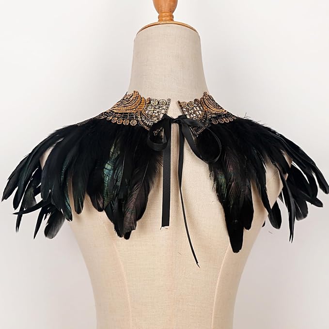 L'VOW Real Black Feather Harness Lace Collar Necklace Bib Halloween