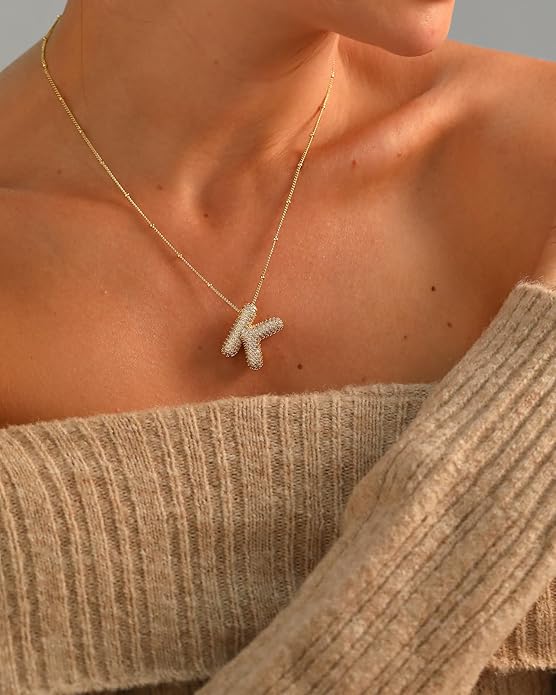 Letter Necklace, 14k Gold Plated Bubble Balloon Dainty Necklace for Women, Chunky Initial Charm Pendant Name Necklace Personalized