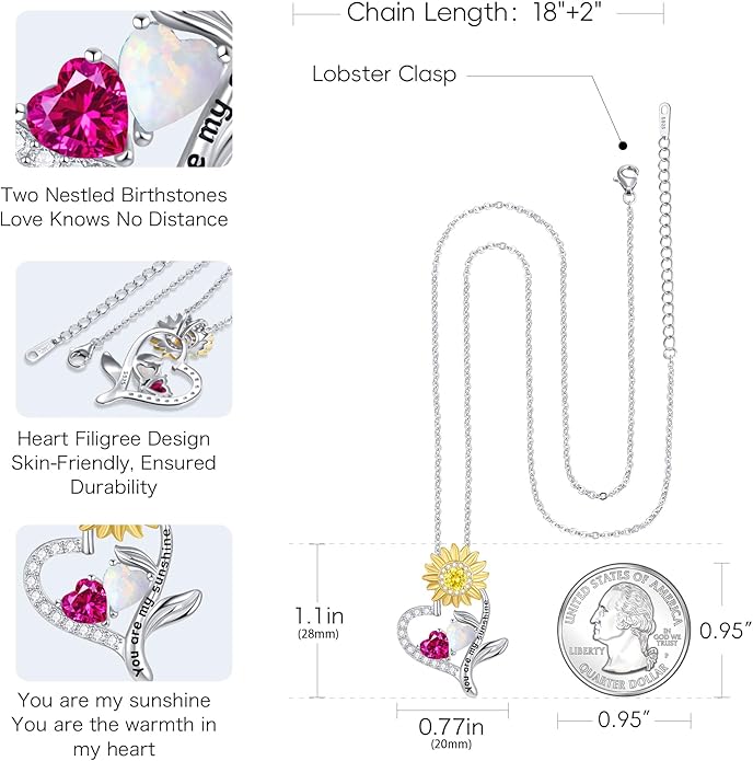 PERJI Valentine's Day Gifts for Women - 925 Sterling Silver Double Birthstone Sunflower Necklace, Anniversary Birthday Jewelry You are My Sunshine Gifts for Wife Couple Girlfriend 18"+2" Non Tarnish