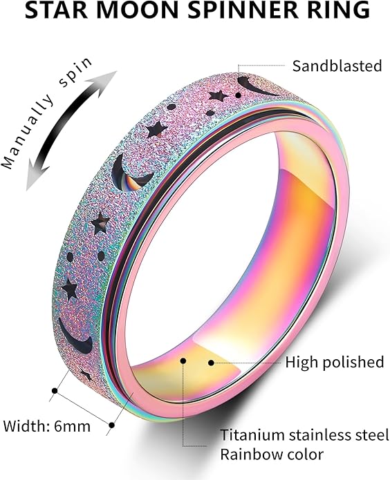 AmorArtSky Anxiety Ring for Women Men, Titanium Stainless Steel Spinner Ring, 5 Colors, 6MM, Size 6-10, 3 Styles Anxiety Ring-Moon Star, Sandblasted Finished, Hollow Outer