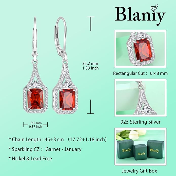 Emerald Cut Dangle Drop Earrings 925 Sterling Silver Halo Rectangular Leverback Earrings Birthstone Jewelry for Women