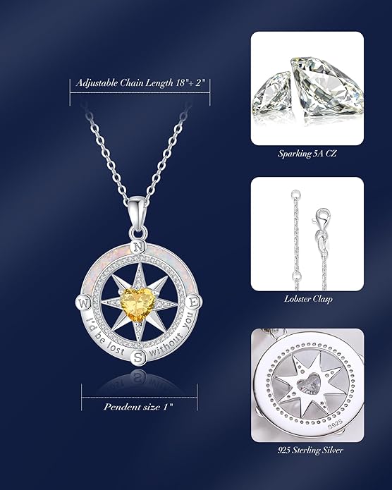 FANCIME Compass Necklace for Women Sterling Silver Compass Jewelry Opal Pendant Fine Jewelry Gemstone Birthday Mother's Day Gifts for Wife