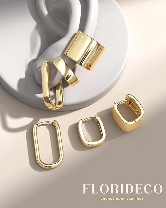 Florideco 3Pairs Chunky Gold Earrings Set 14K Gold Plated Hoop Earrings for Women Trendy Small Thick Huggie Hoops Earring Lightweight Silver Hoop Earring Sets for Multiple Piercing