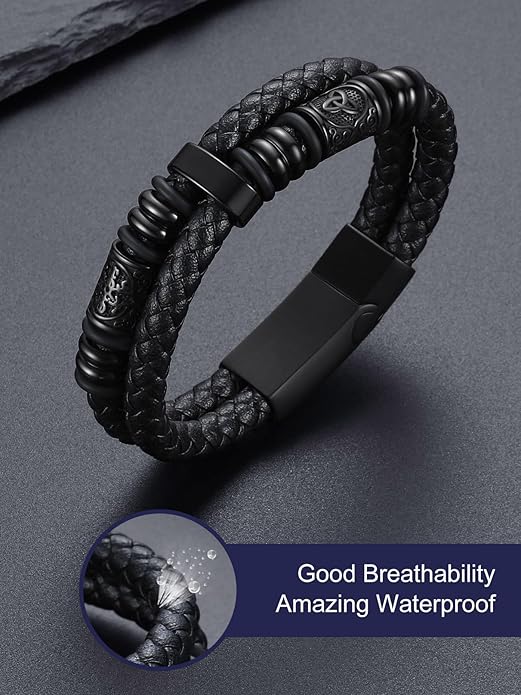 Bandmax Mens Black Double Wax Rope Cuff Bracelets Waterproof Stainless Steel Norse Style Celtic Knot Beads Bracelet Wristband Gift for Men