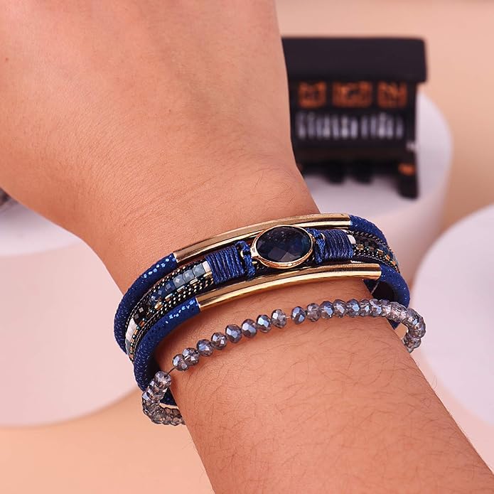 FANCY SHINY Leather Wrap Bracelets Crystal Beads Bracelet Boho Cuff Stone Charm Bracelets with Clasp Costume Jewelry for Women