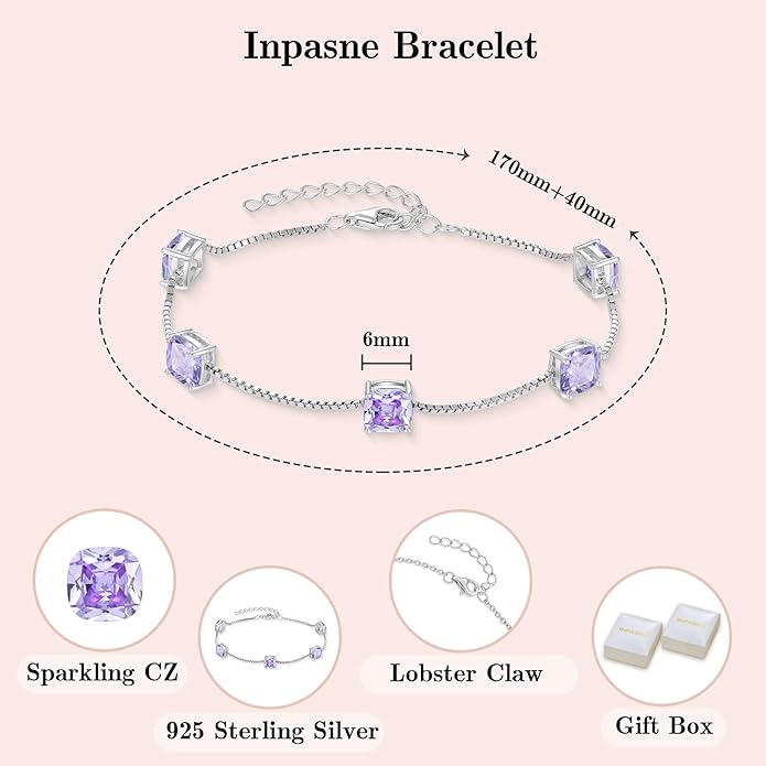 Birthstone Bracelet for Women 925 Sterling Silver Dainty Princess Cut Link Bracelet Jewelry Gifts for Her