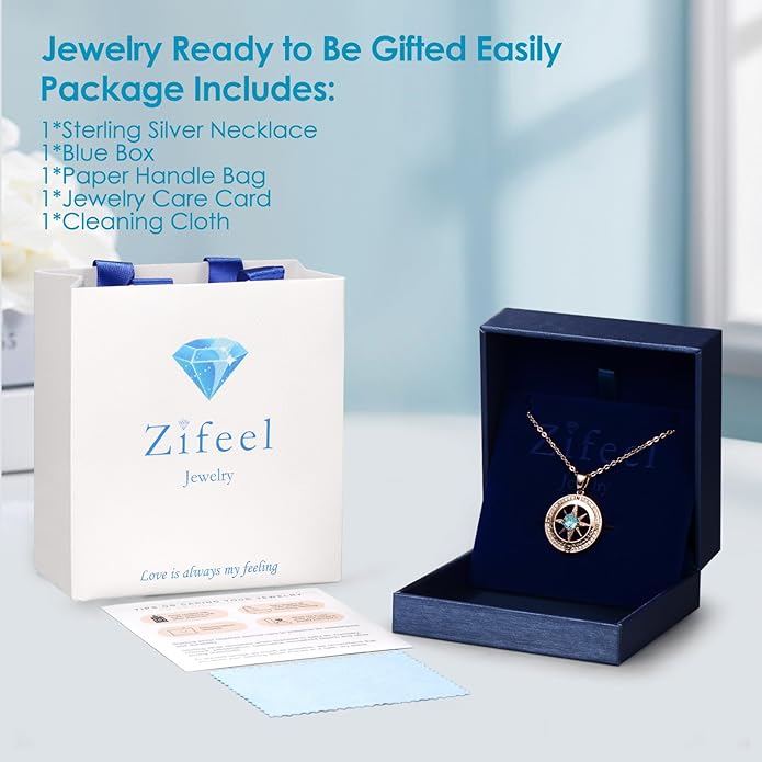 Zifeel Compass Necklace Gifts for Women wife - S925 Sterling Silver Birthstone Necklaces for Women - Anniversary Birthday Gifts for Her Wife Girlfriend - Valentines Mom Mothers Day Christmas Gifts Jewelry for Women