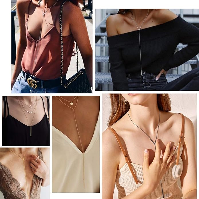 FOCALOOK Long Necklaces for Women 14K Gold Plated Dainty Drop Bar Pendant Lariat Y-Shaped Necklace Earring Set 28inch/73cm