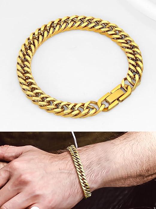 8/12/17mm Wide Cuban Link Bracelet for Men Father Gift 18K Gold/Black Plated Stainless Steel Bracelets 7.4-9 Inches(Gift Wrapped)