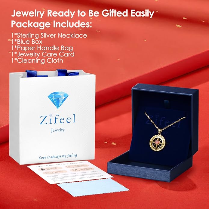 Zifeel Compass Necklace Gifts for Women wife - S925 Sterling Silver Birthstone Necklaces for Women - Anniversary Birthday Gifts for Her Wife Girlfriend - Valentines Mom Mothers Day Christmas Gifts Jewelry for Women