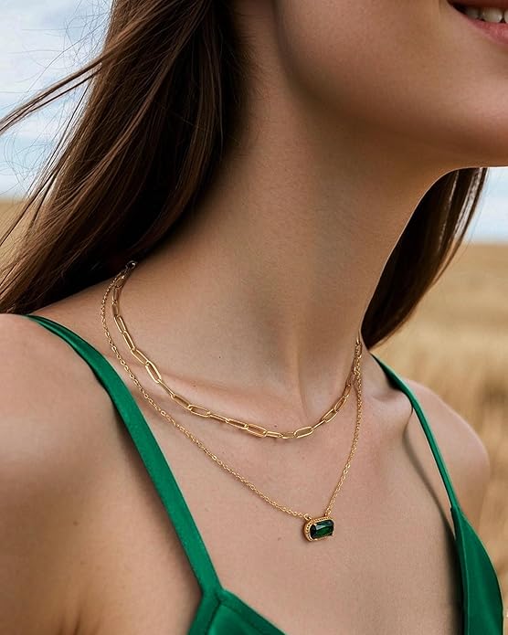 Lourny Gemstone Birthstone Pendant Layered Necklace for Women Trendy, 18K Gold Plated Paperclip Chain Preppy Choker Charm Necklace for Women Wife Jewelry