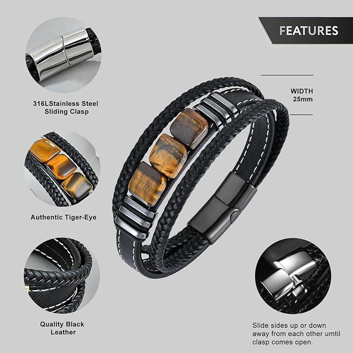 STARCHENIE Multi Strand Bracelet for Men Square Authentic Tiger Eye Black Braided Leather Mens Bracelet and Stainless Steel Buckle