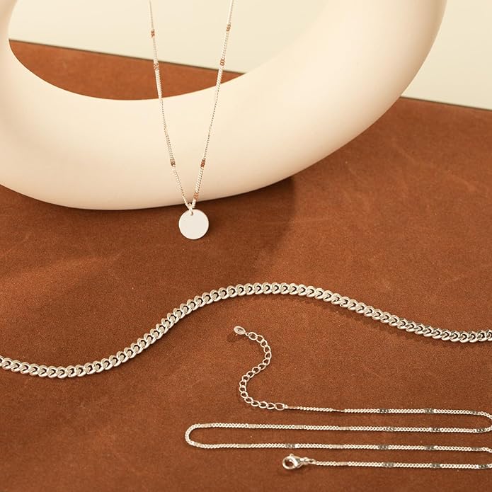 Layered Silver Necklace for Women Trendy Silver Plated Dainty Stackable Necklace Set Cuban Paperclip Herringbone Link Chain Coin/Cross/diamond/Mobius Pendant Necklaces Fashion Accessories Jewelry Gift