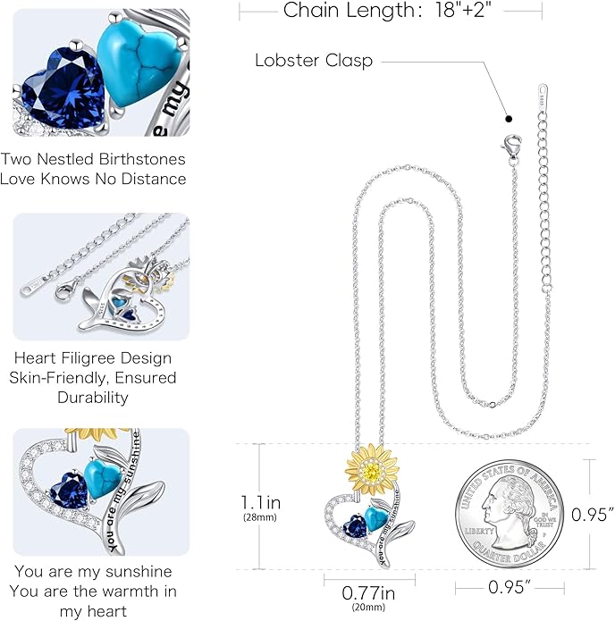 PERJI Valentine's Day Gifts for Women - 925 Sterling Silver Double Birthstone Sunflower Necklace, Anniversary Birthday Jewelry You are My Sunshine Gifts for Wife Couple Girlfriend 18"+2" Non Tarnish