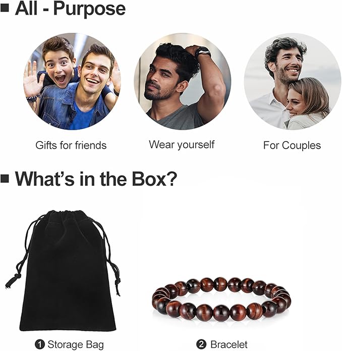 M MOOHAM Natural Stone Bracelets for Men - 8mm Tiger Eye, Matte Agate, Lava Rock - Teen Boys Gifts for Birthday, Anniversary, Christmas