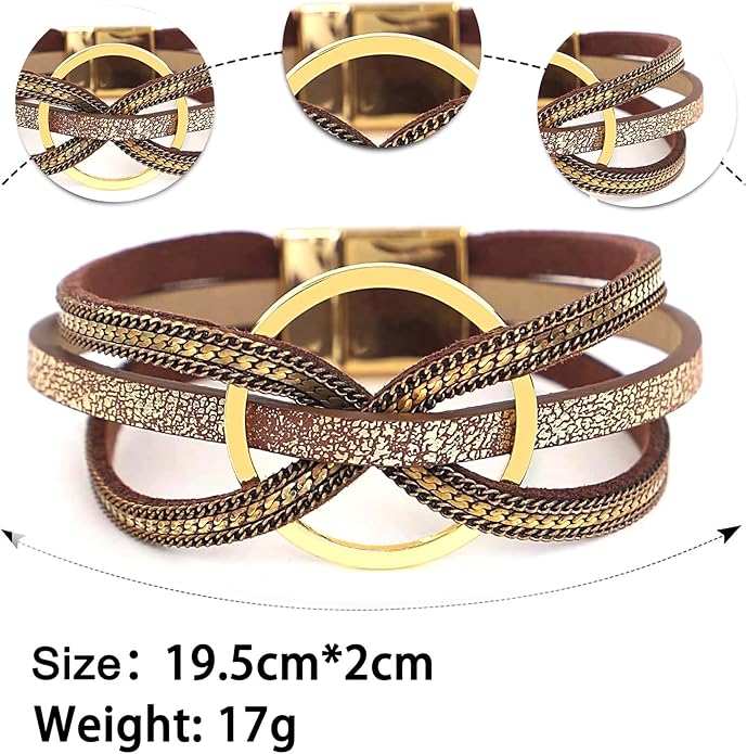 Fesciory Leopard Bracelet for Women, Boho Leather Wrap Multi-Layer Pearl Crystal Bracelet Bangle Jewelry