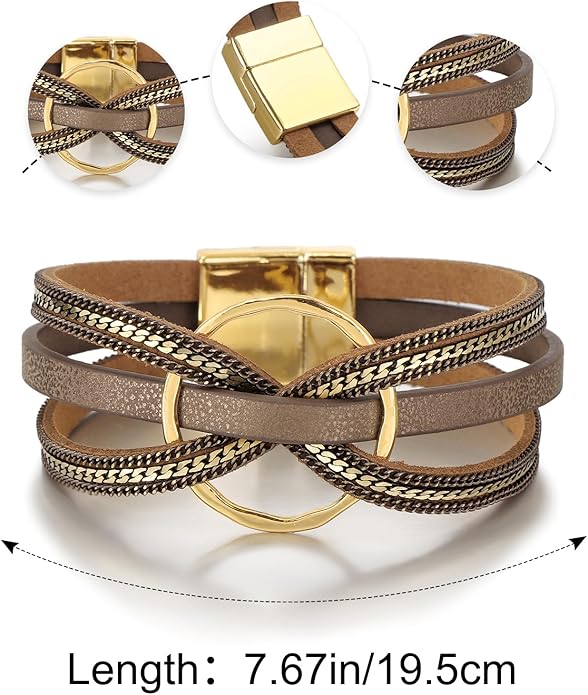 Edoneery Leather Wrap Bracelet for Women, Boho Handmade Multi-Layer Cuff with Crystal Beads Heart, Stackable Bangle Western Jewelry Gift
