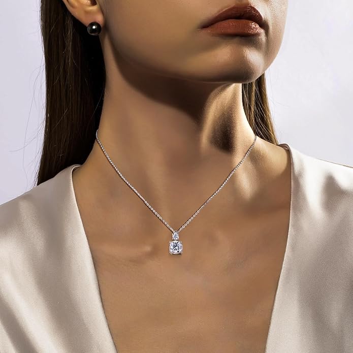 AnuClub Cushion Cut Moissanite Pendant Necklace D Color VVS1 925 Sterling Silver Refined Daily Necklace for Women with Certificate, 40+2+3cm Adjustable Chain