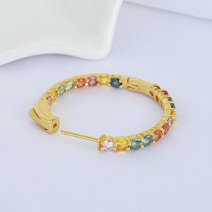 Hoop Earrings with 40 Colored Gemstones, Birthstone Earrings, 925 Sterling Silver Rhodium Plated, Push Back Closure, 1.18'