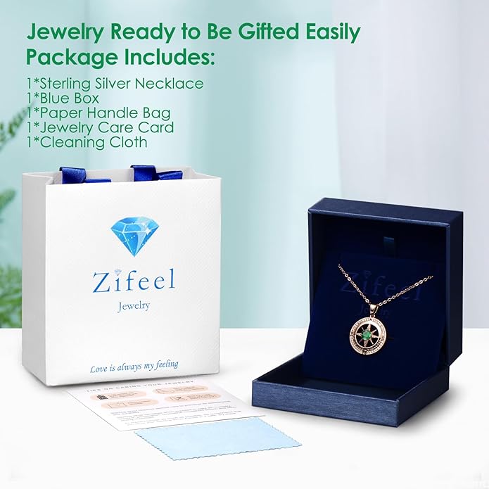 Zifeel Compass Necklace Gifts for Women wife - S925 Sterling Silver Birthstone Necklaces for Women - Anniversary Birthday Gifts for Her Wife Girlfriend - Valentines Mom Mothers Day Christmas Gifts Jewelry for Women
