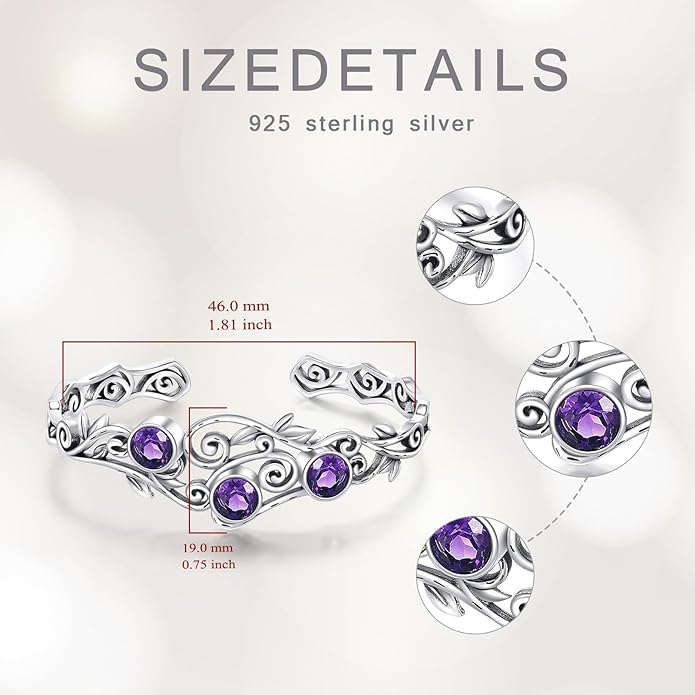 Three Amethysts Vine Cuff Bracelet Sterling Silver Adjustable Bohemian Bangle, February Birthstone Gift for Her Purple Crystal Healing Jewelry