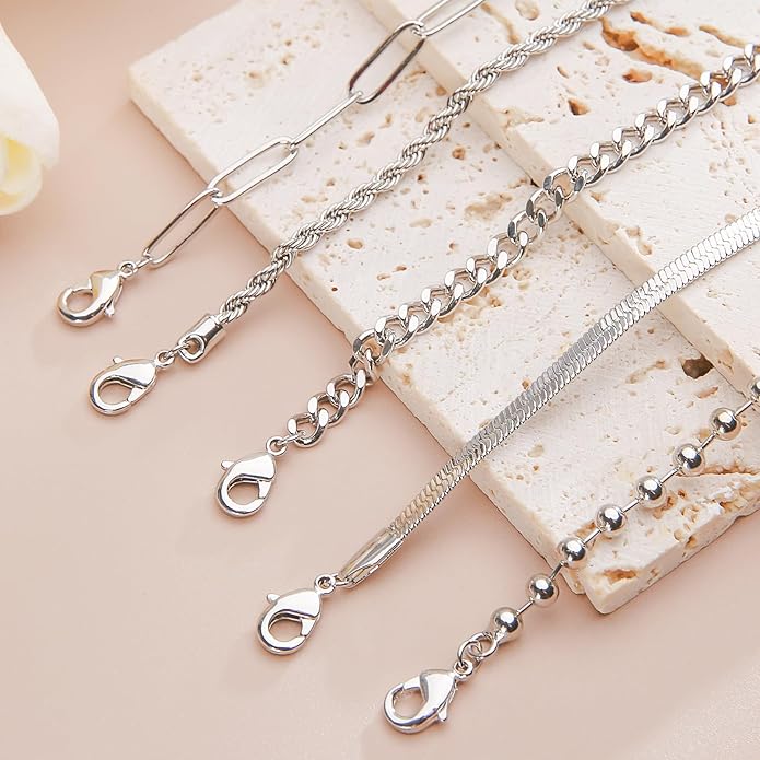 Sterling Silver Anklet Bracelets for Women Waterproof, 925 Sliver Plated CZ & Heart Charm Dainty Layer Anklets for Women Trendy, Simple Chain Anklets Set Gifts for Women, Jewelry Gifts for Her Women Mom Wife Girlfriend