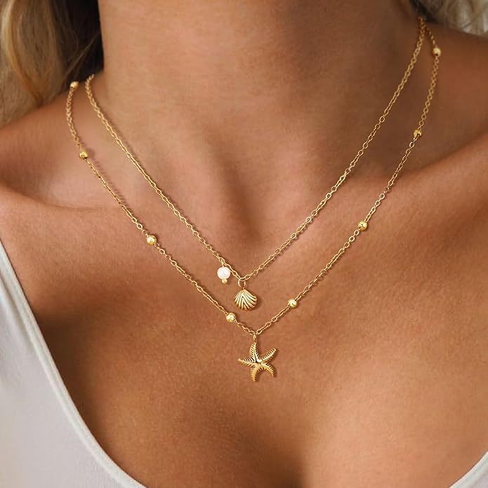Shell Necklace for Women,14k Gold Plated Layered Starfish Conch SeaShell Pearl Pendant Charm Necklace,Non Tarnish Adjustable Stainless Steel Chain Stack Jewerly for Summer Beach Vacation